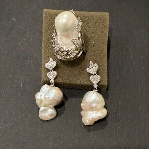 Silver and Pearl Heart Drop Earrings